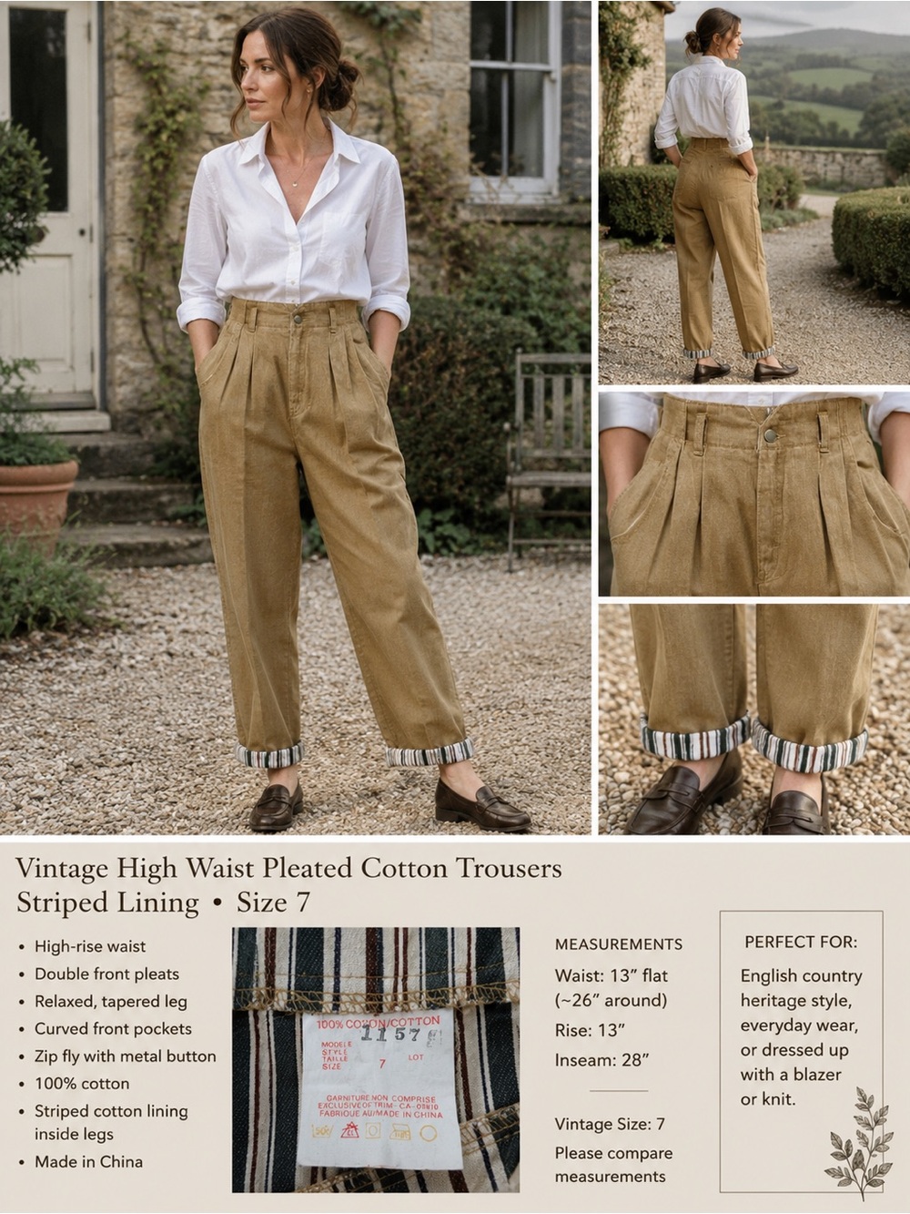 Vintage High Waist Pleated Cotton Trousers Striped Lining Cuffed Hem Size 7